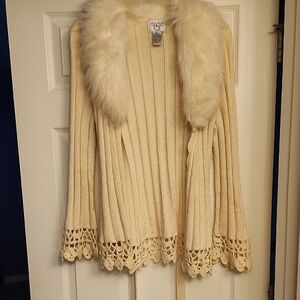 Elegant Cream Cardigan with Faux Fur Collar